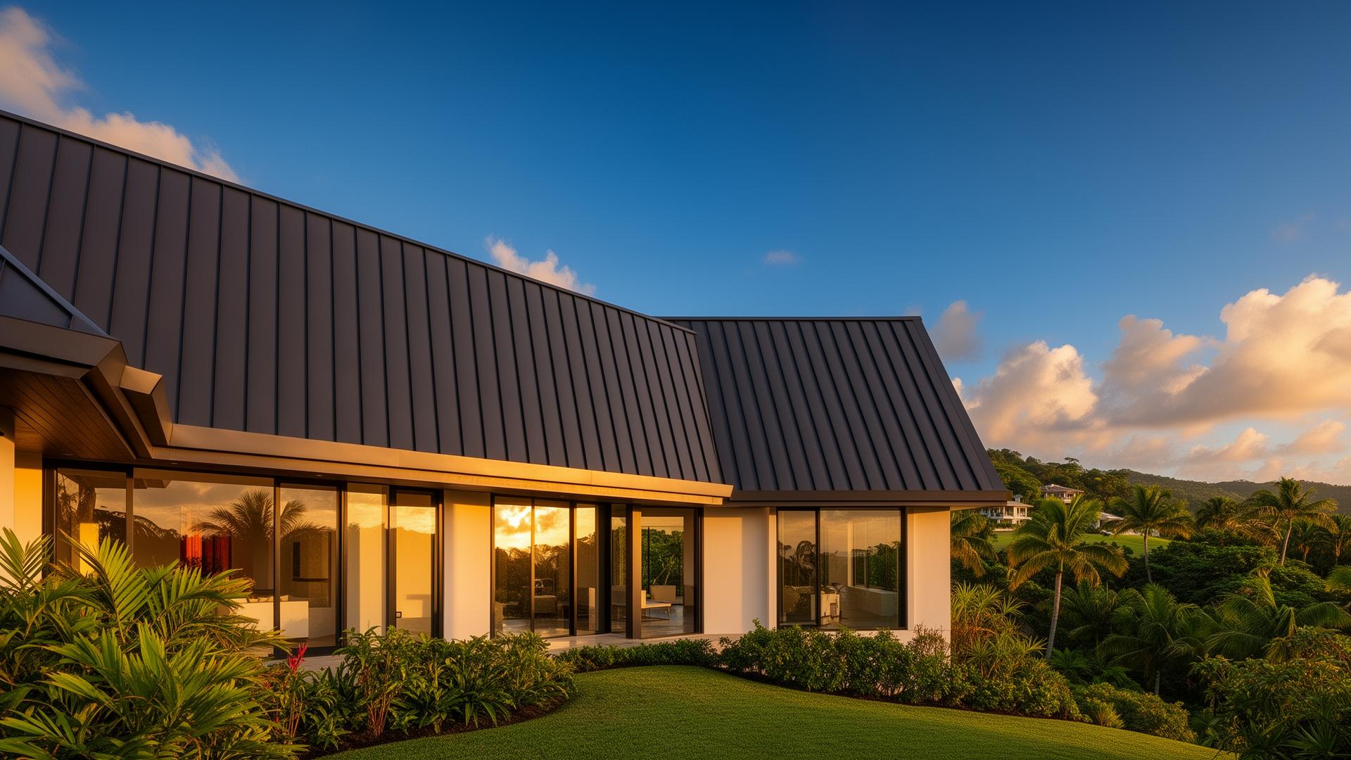 Luxury home with standing seam metal roof at golden hour
